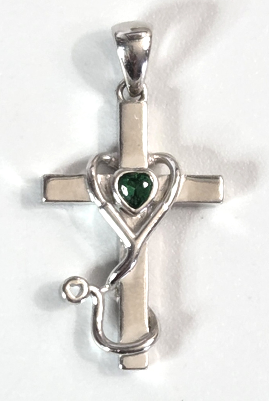 Sterling Silver 925 CROSS Pendant Nurse/Doctor STETHOSCOPE w/Green Stone