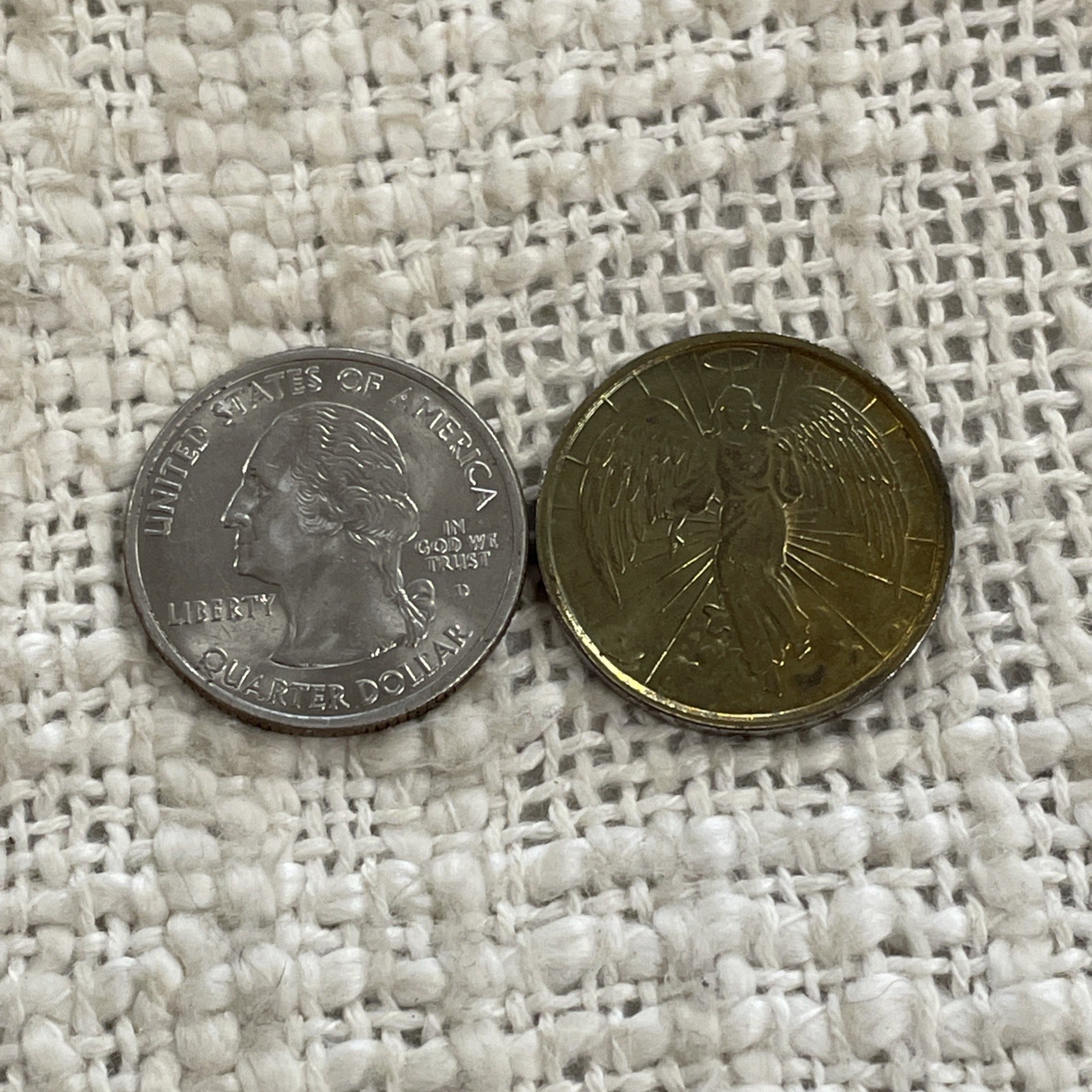 Gold Toned Guardian Angel Pocket Token Medallion