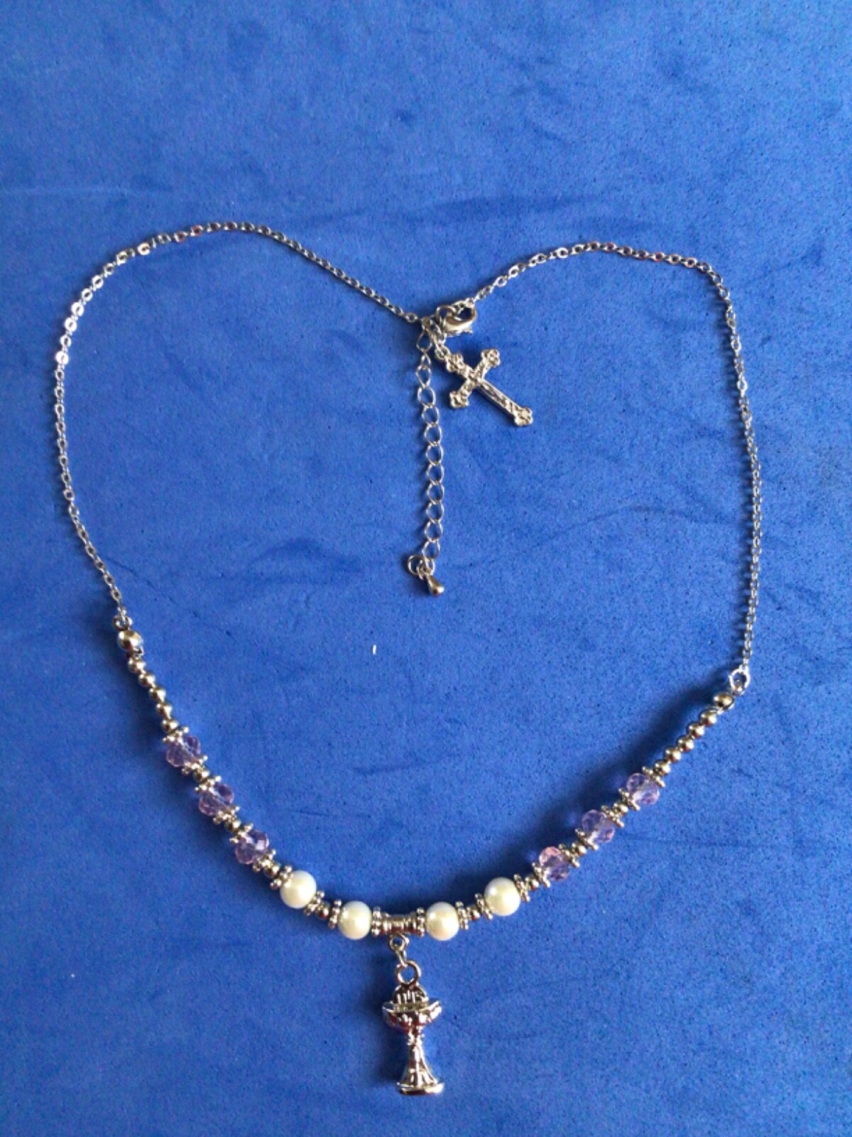Girls First Communion Necklace Silver Tone Pink Faux Pearls Crucifix 18” Boxed