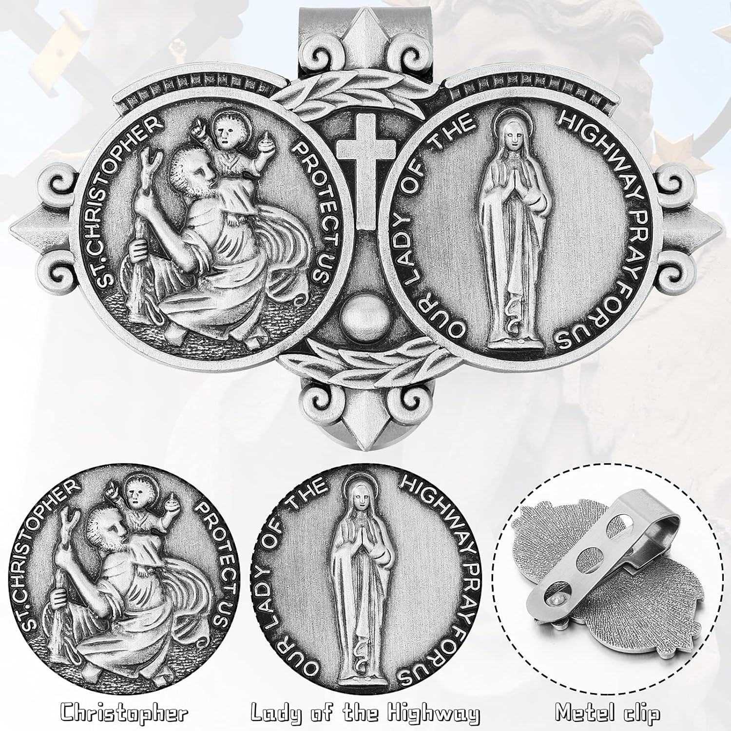 Classic Silver Visor Clips with St Christopher – Ideal for Your Car Interior