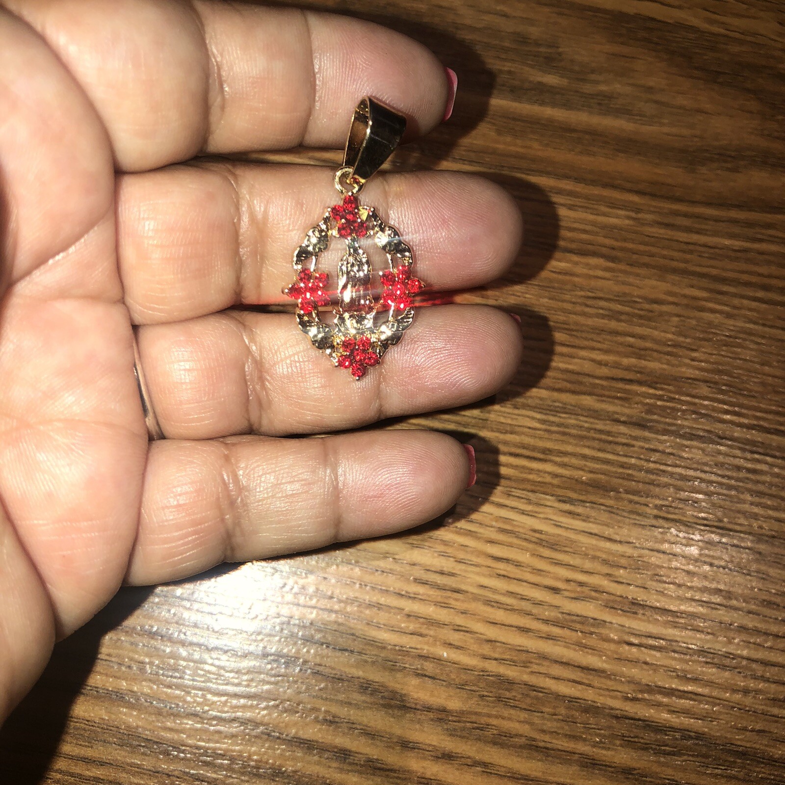 Gold Tone Oval Rhinestone Lady of Guadalupe Virgin Mary Catholic Medal Pendant