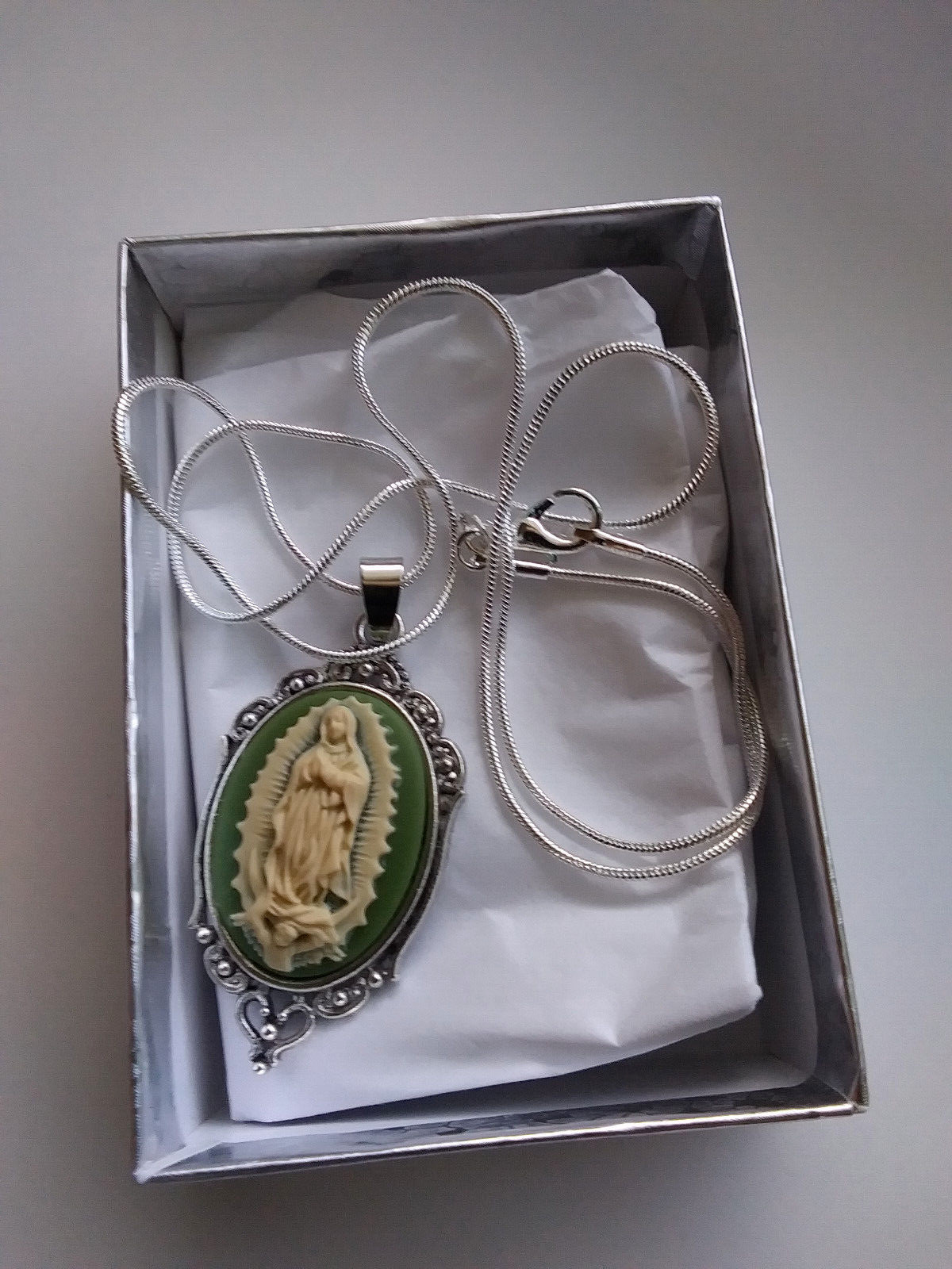 Our Lady of Guadalupe Medal Green Cameo necklace 925 sterling silver chain