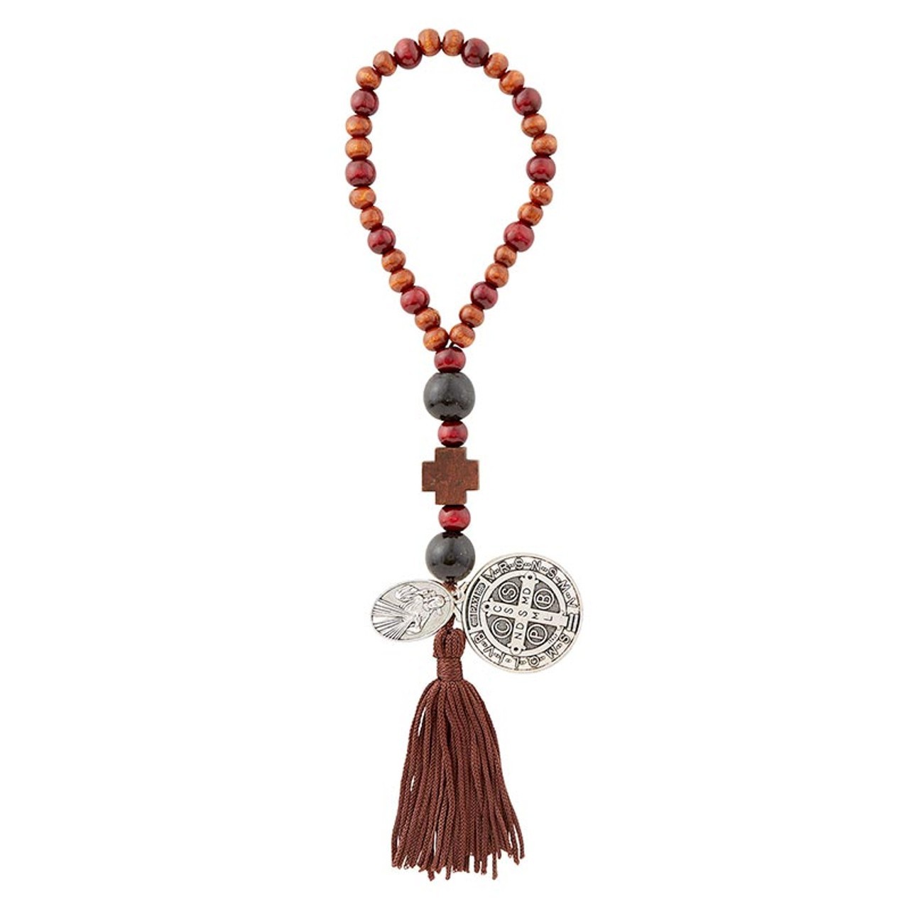Saint Benedict Wood Bead Door Hanger with Tassel & Divine Mercy Medal 8.5″ L