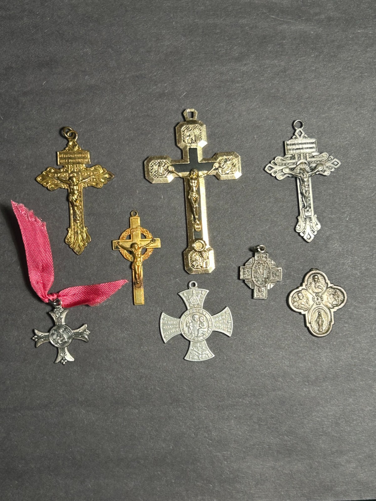 Vintage CatholicCrucifix & cross Pendant Lot St. Benedict IHS 4-Way Medal 8 Pc