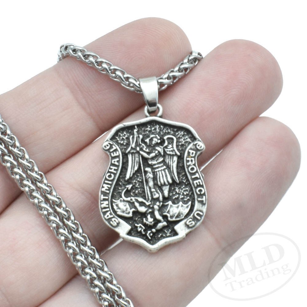 Archangel Saint St Michael Protect Us Medal Shield Pendant Necklace w 20″ Chain