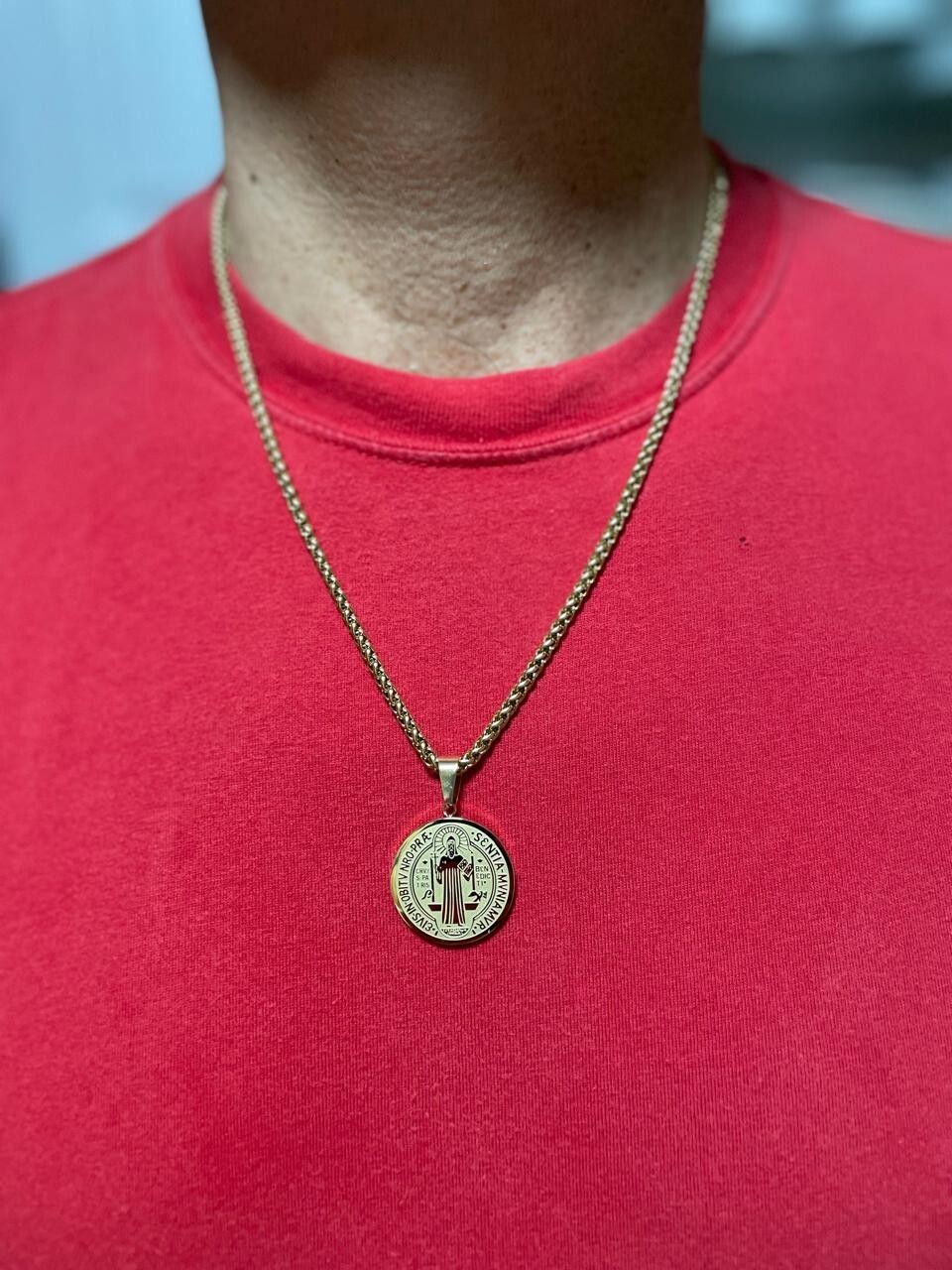 St Benedict (S. Benito) Medal Stainless Steel Charm Pendant Necklace Gold Color