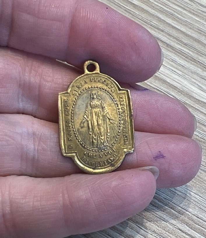 Antique Italian Medal Saint Pope Pius X Tenth Mary miraculous brass gold Pendant
