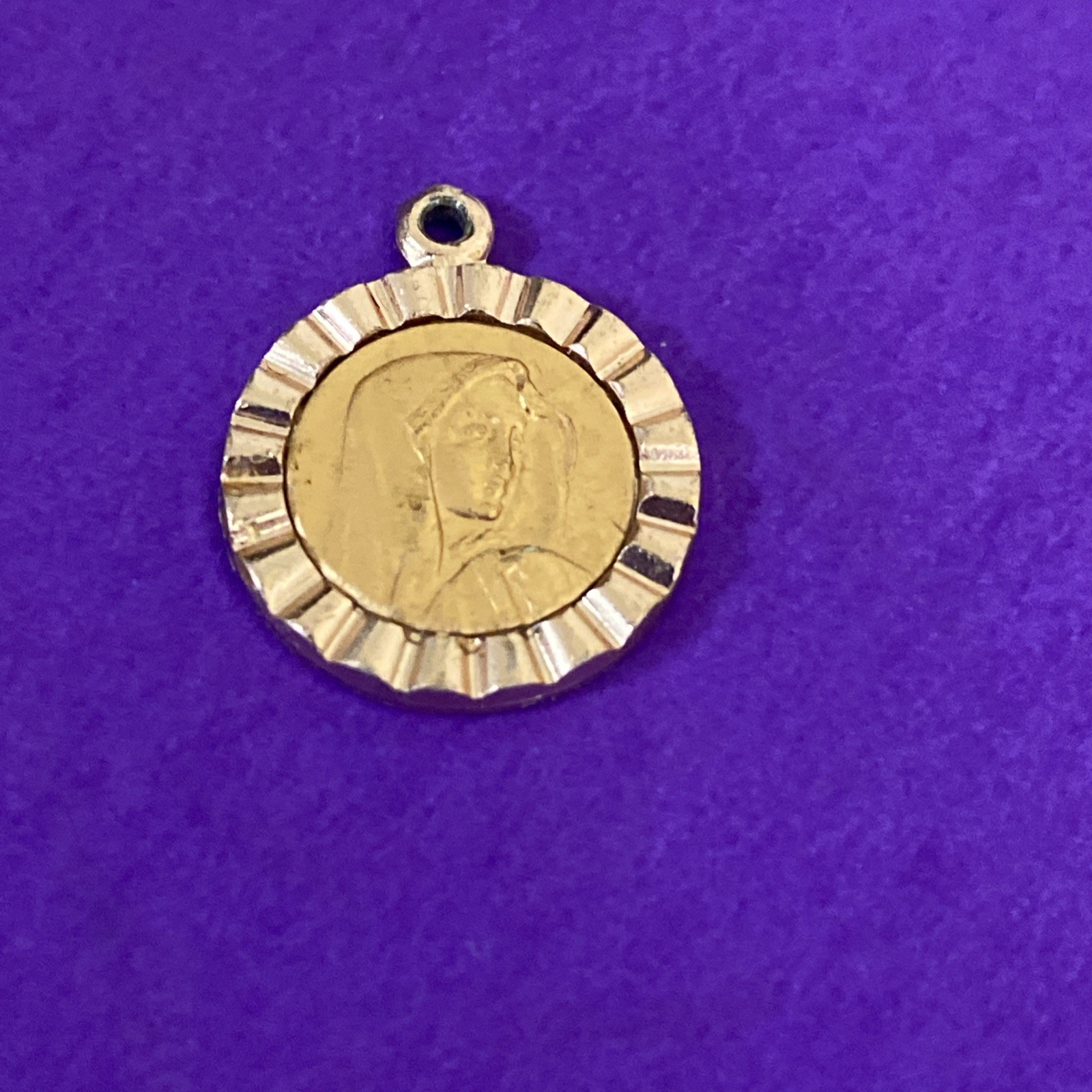 Vintage Virgin Mary Metal Charm Pendant , Gold-Toned, Roma, Christianity, 1/2”