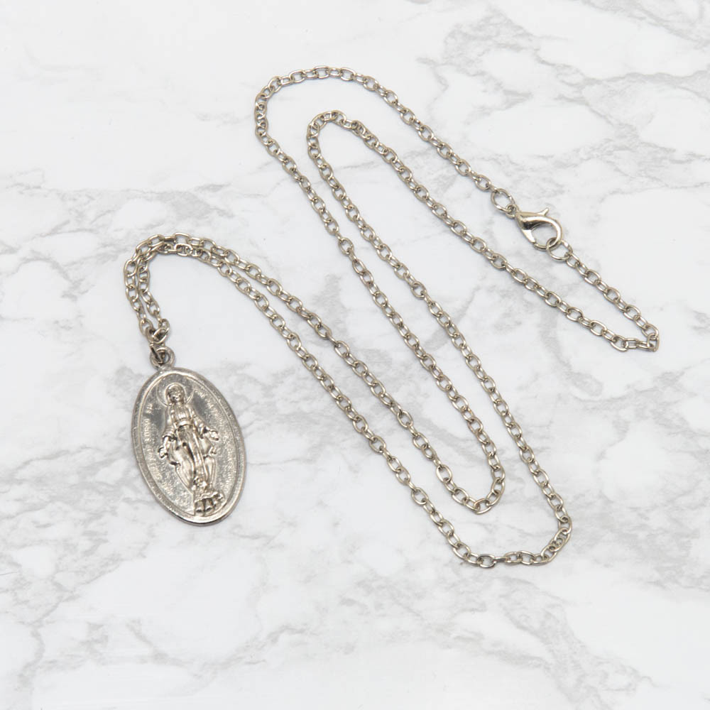 Miraculous Medal Pendant Necklace – 24″ Oval Link Chain, Zinc Alloy
