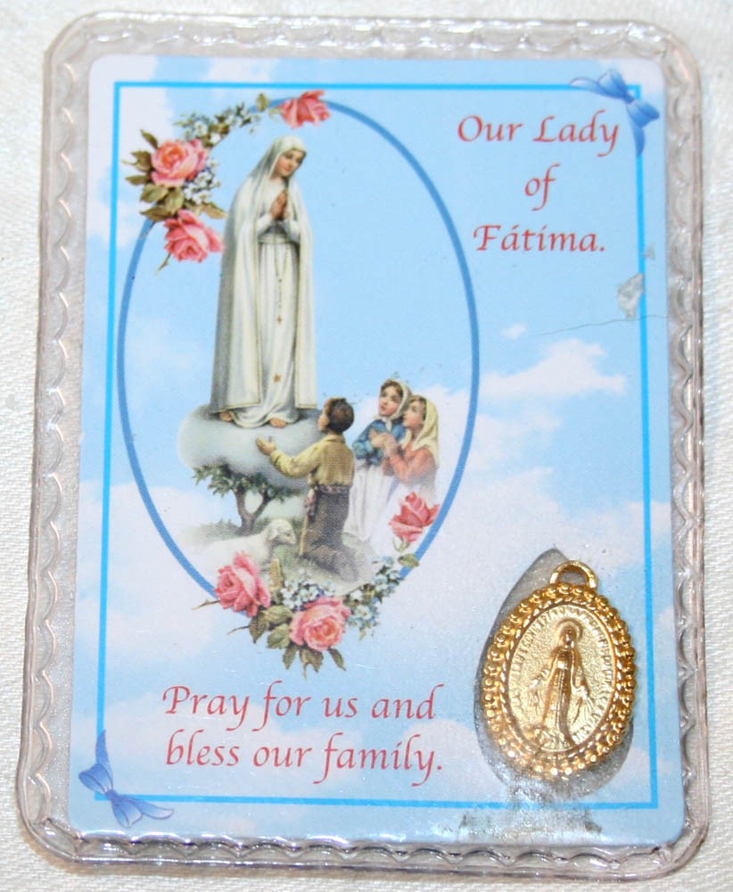 Our Lady of Fatima Pray Card & Gold Plated Mary Holy Medal