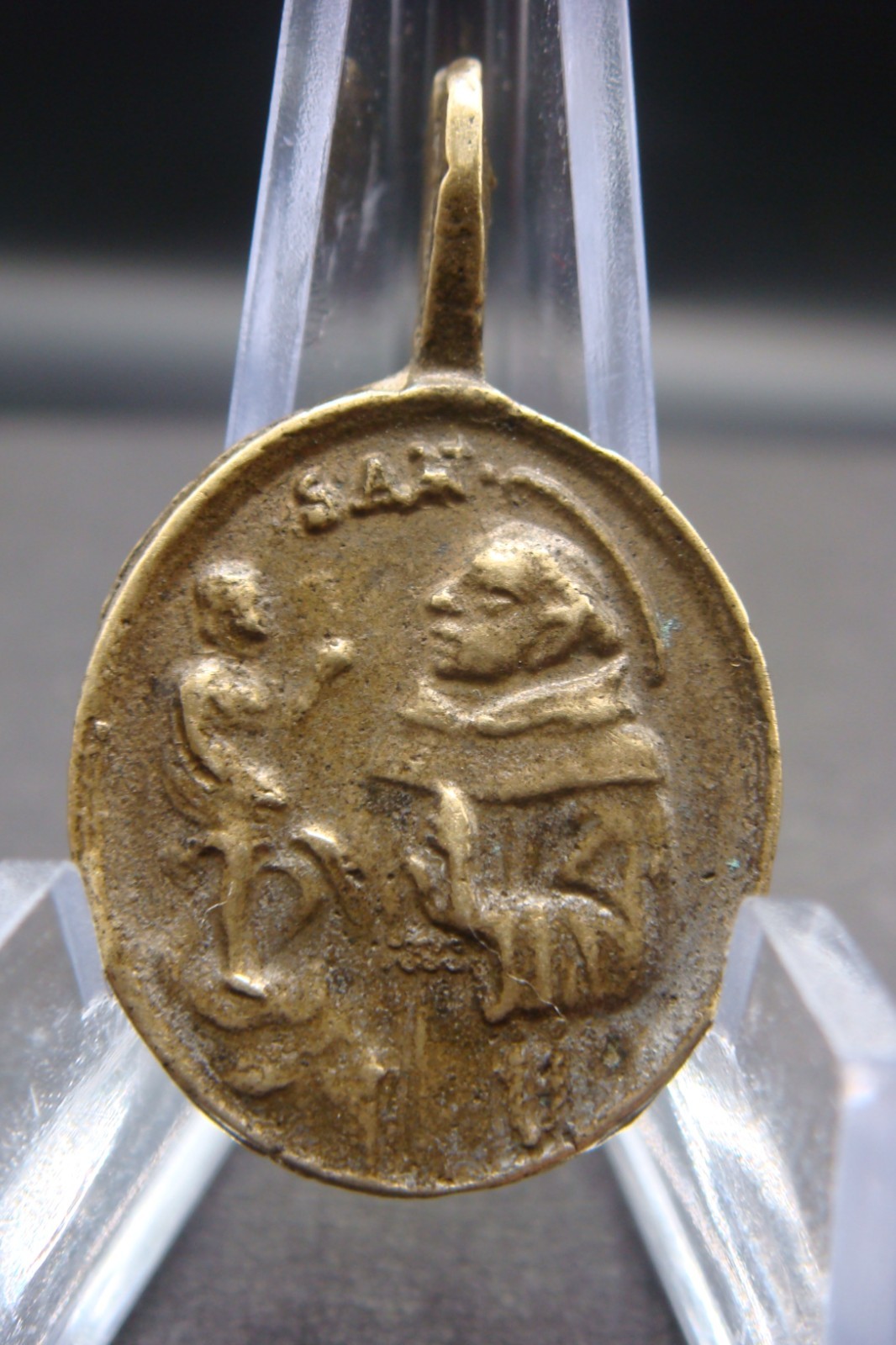 Rare Antique Bronze Catholic Medal Saint Anthony of Padua & Madonna w Child