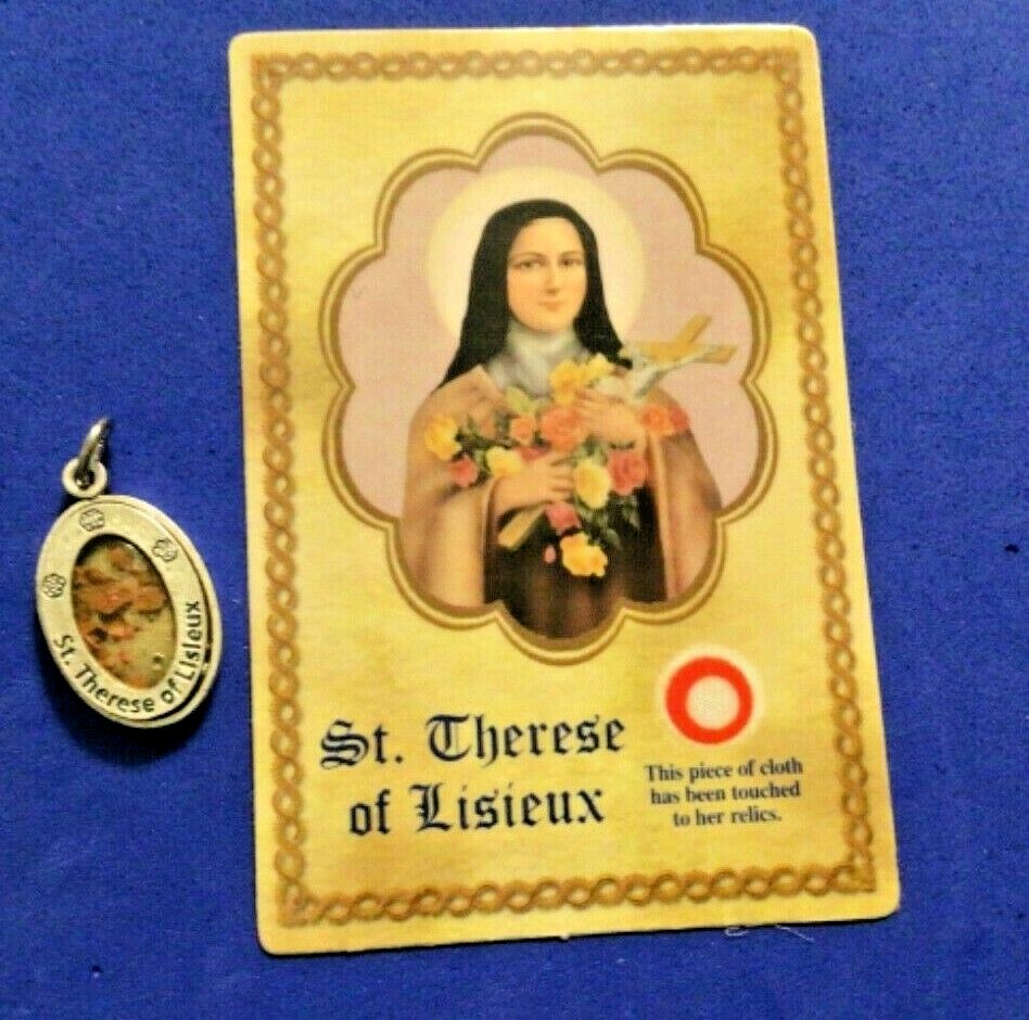 St THERESE of Lisieux Saint Medal with Relic Holy Card Medal Roses 1″ Italy