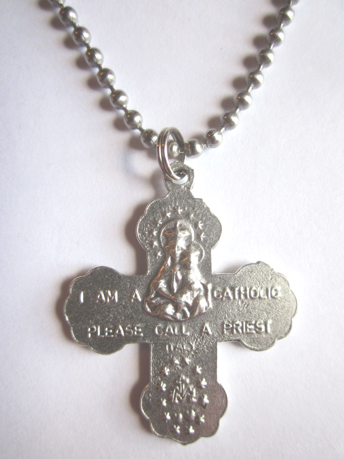 Catholic Five Way Medal Cross 1 3/8″ w Blue Enamel Italy Necklace 24″ Ball Chain