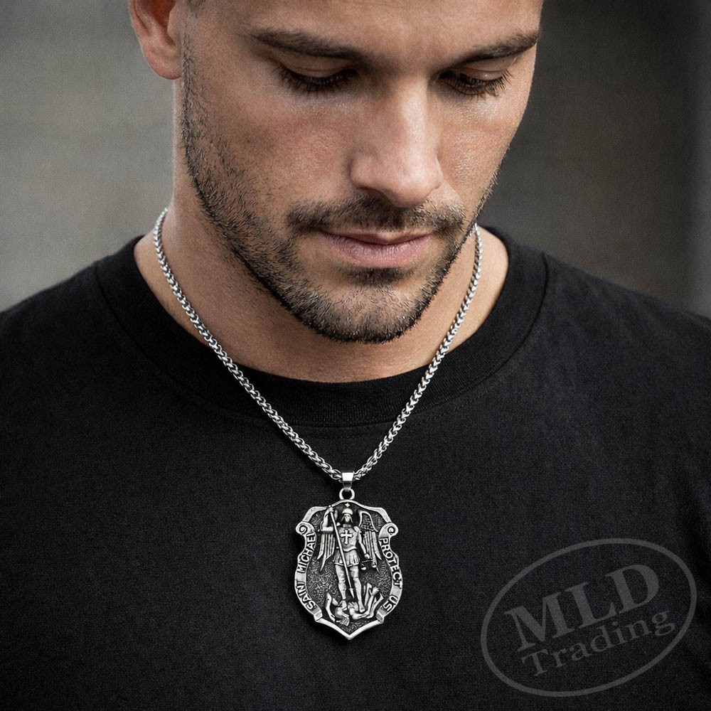 Saint St Michael Medal Shield Pendant Necklace – Zinc Alloy, 22″ Wheat Chain