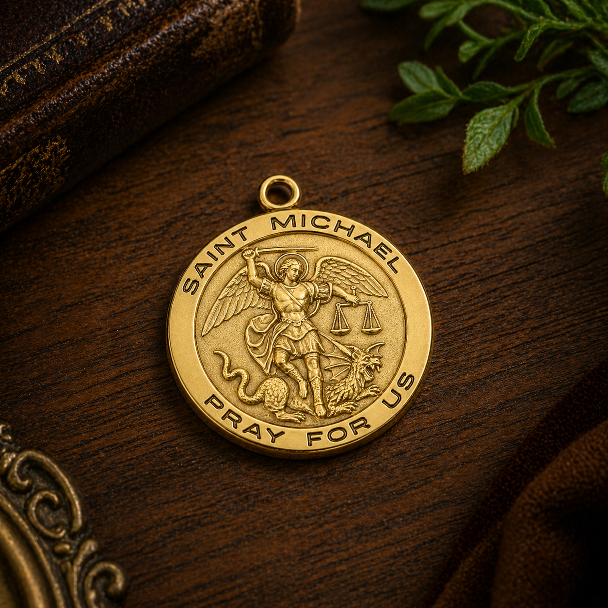 Gold Plated Sterling Medals St. Michael Pray For Us Round Jewelry Pendant