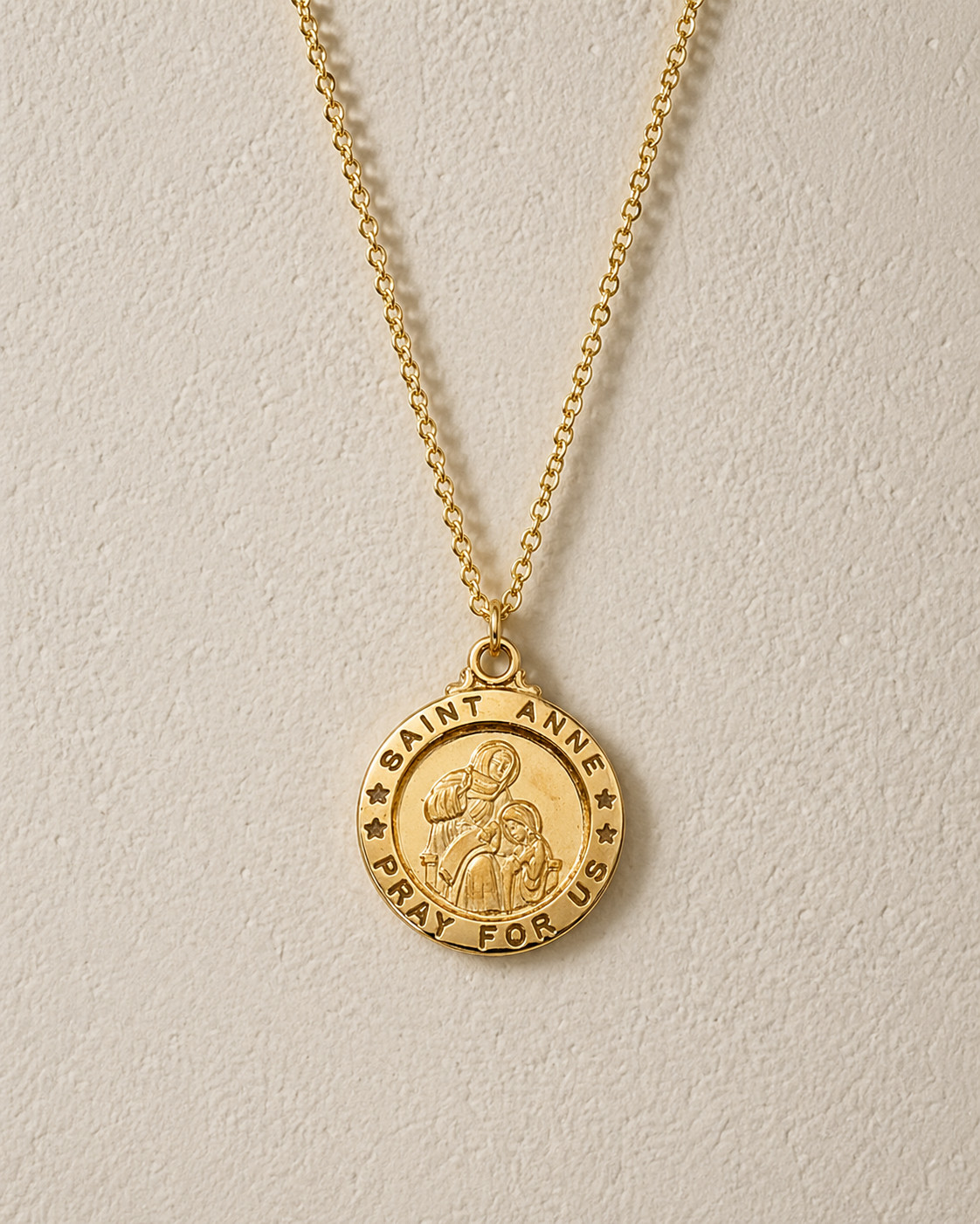 St. Anne Pray For Us Round Gold Plated Sterling Medals Pendant w/ 18 Inch Chain