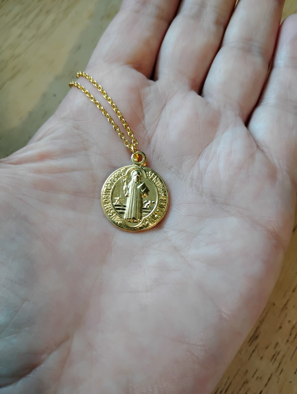 Gold Plated St Benedict Medal ITALY Necklace on fine 14K gold plated link chain