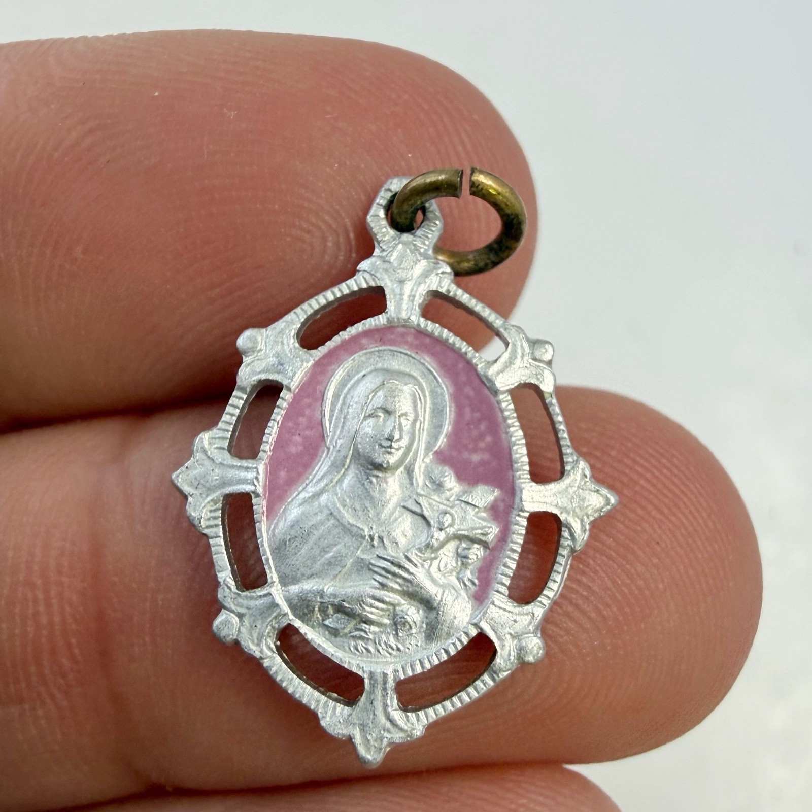 Vintage Saint Therese of Lisieux Pink Enamel Silvertone Medal Charm Pendant