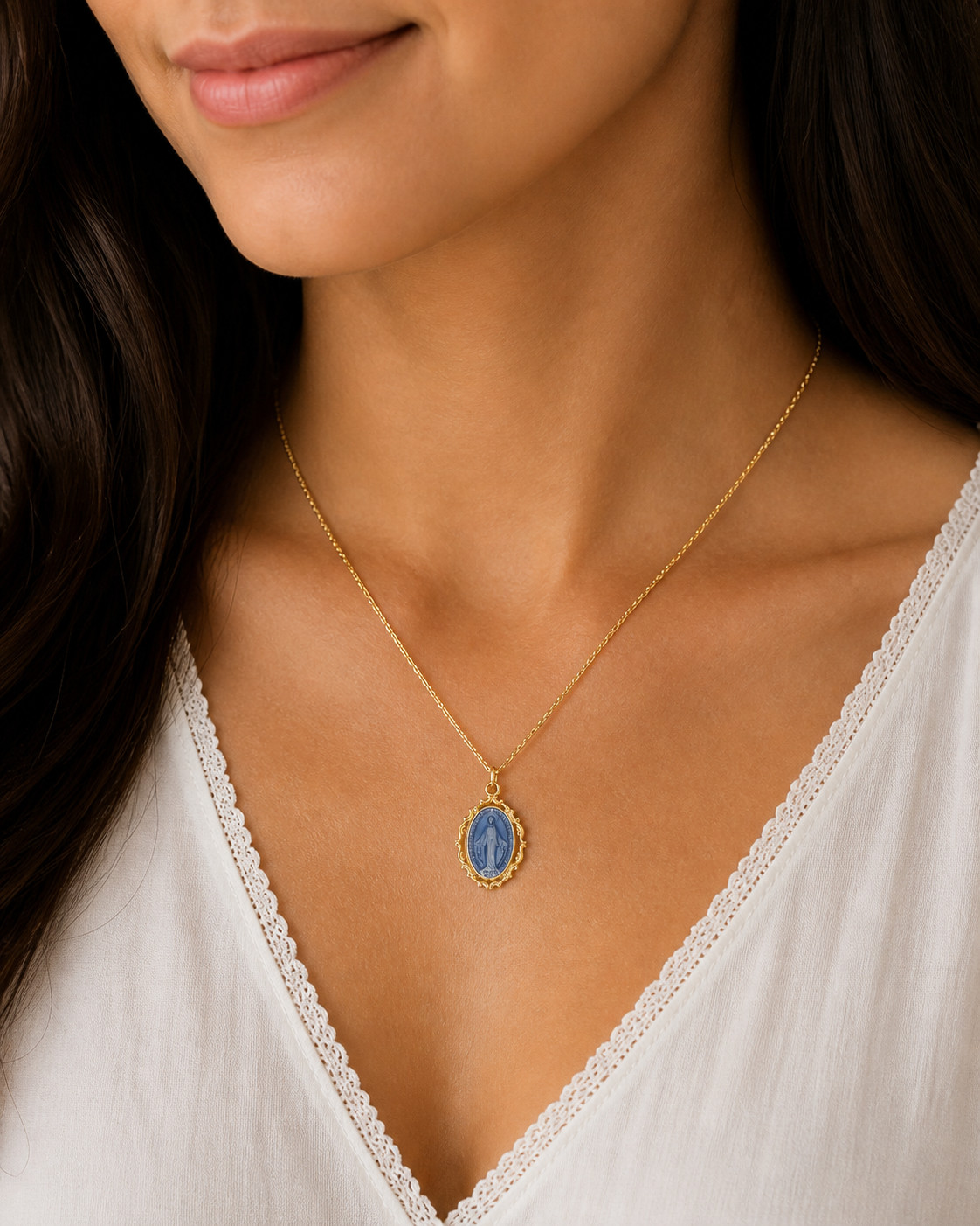 Gold Plated Sterling Silver Medal Miraculous Mary Blue Epoxy Pendant With Chain