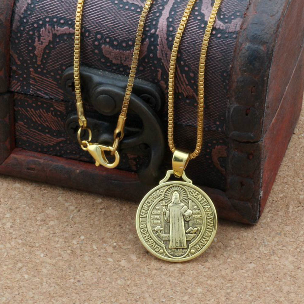 Gold Jesus Crucifix Saint St Benedict Medal Cross Pendant Necklace 24″ Box Chain