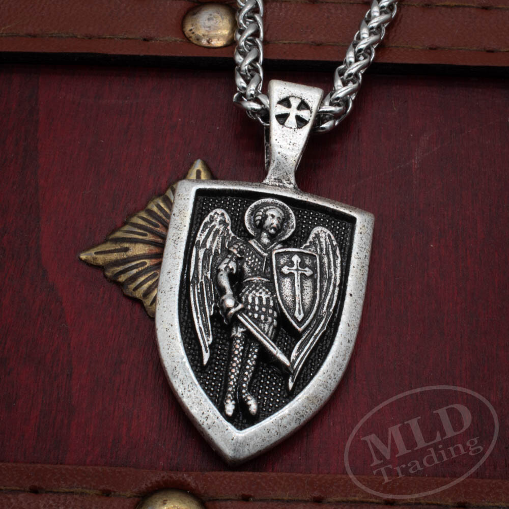 Saint St Michael Shield Medal Pendant Necklace, Silver Zinc Alloy, 24″ Chain