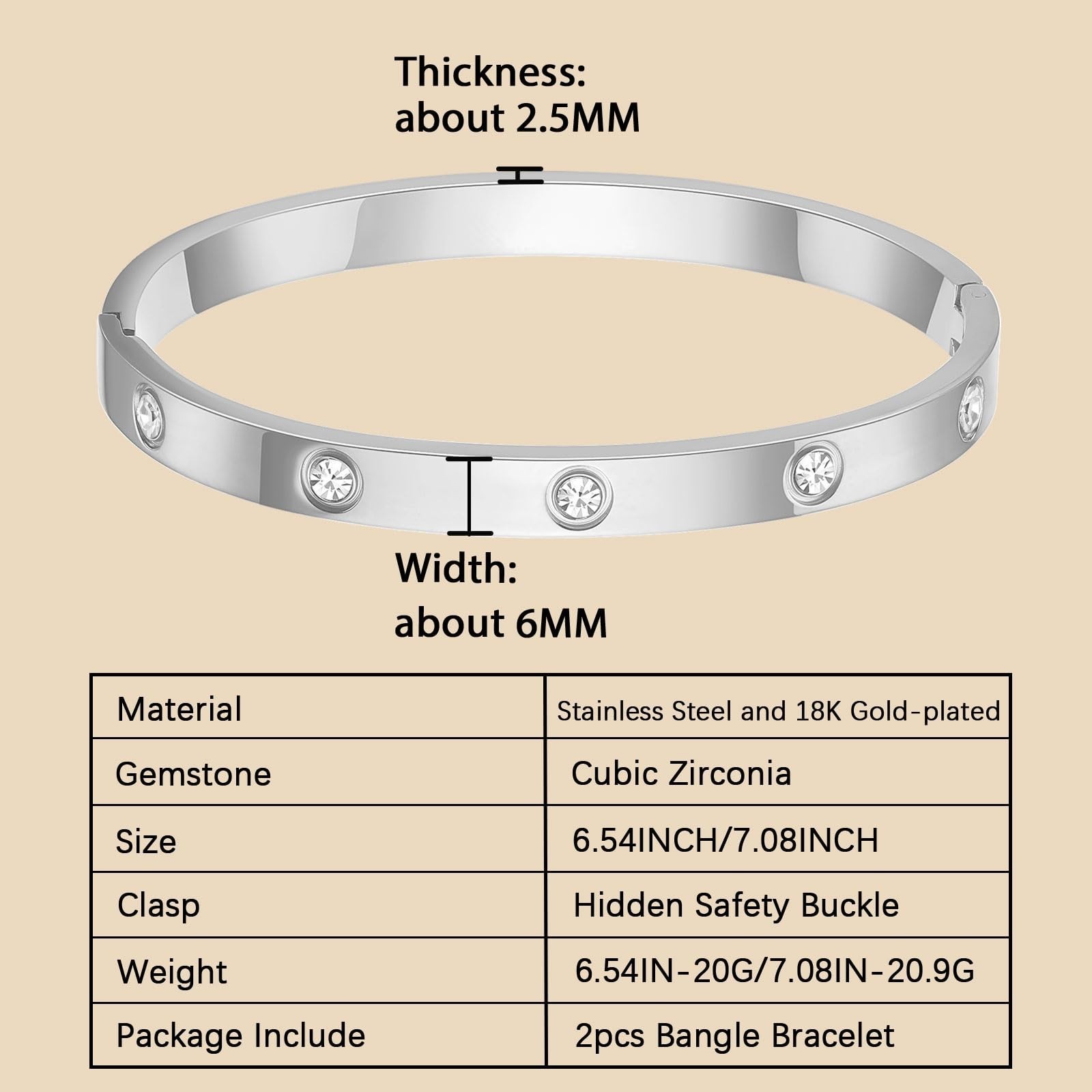 2Pcs 18K Gold-Plated Love Bangle Bracelets set for Women, Stainless Steel Cub…