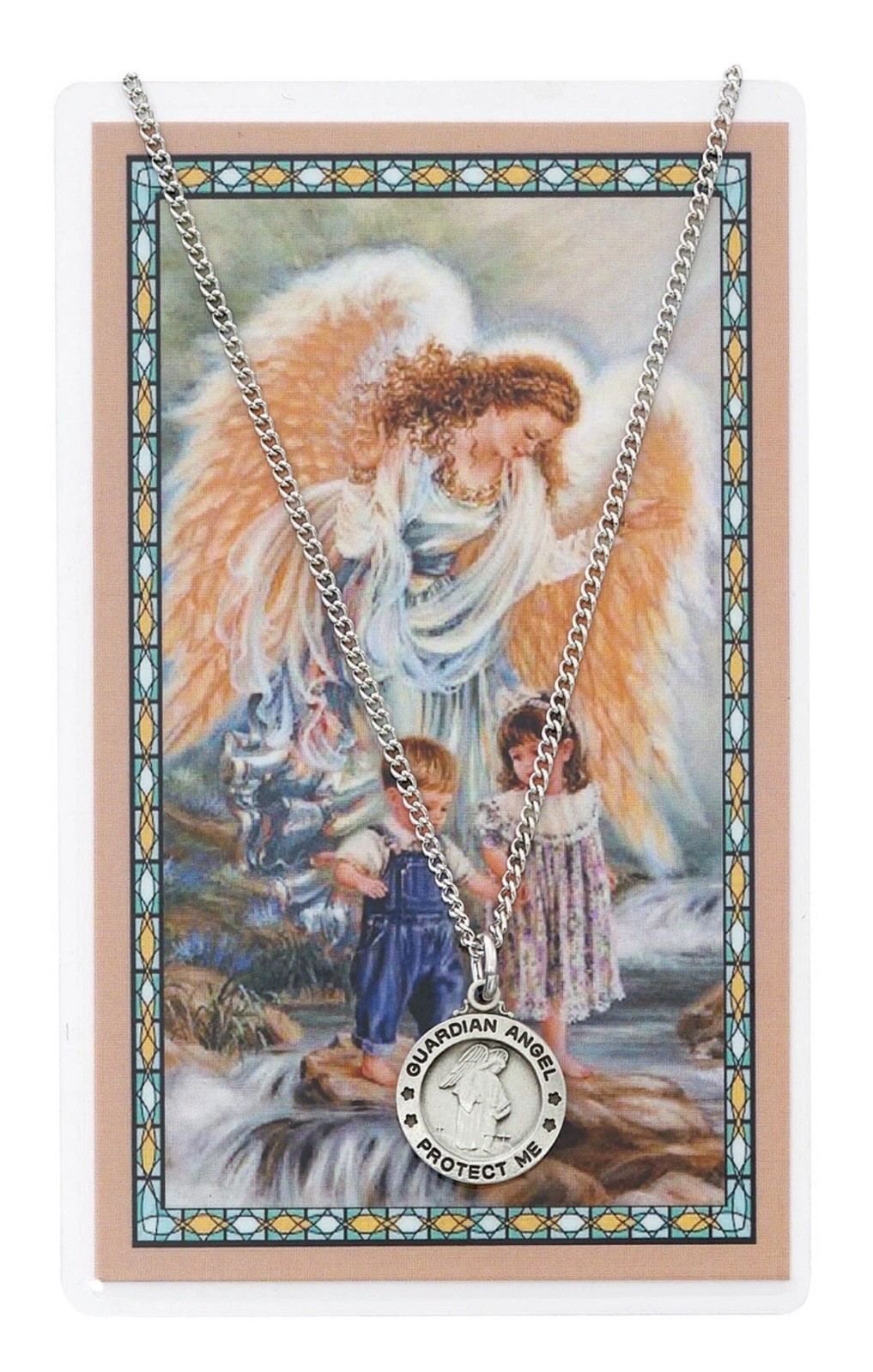 Guardian Angel Holy Prayer Card Set with 16 Inch Holy Catholic Silvertone Chain