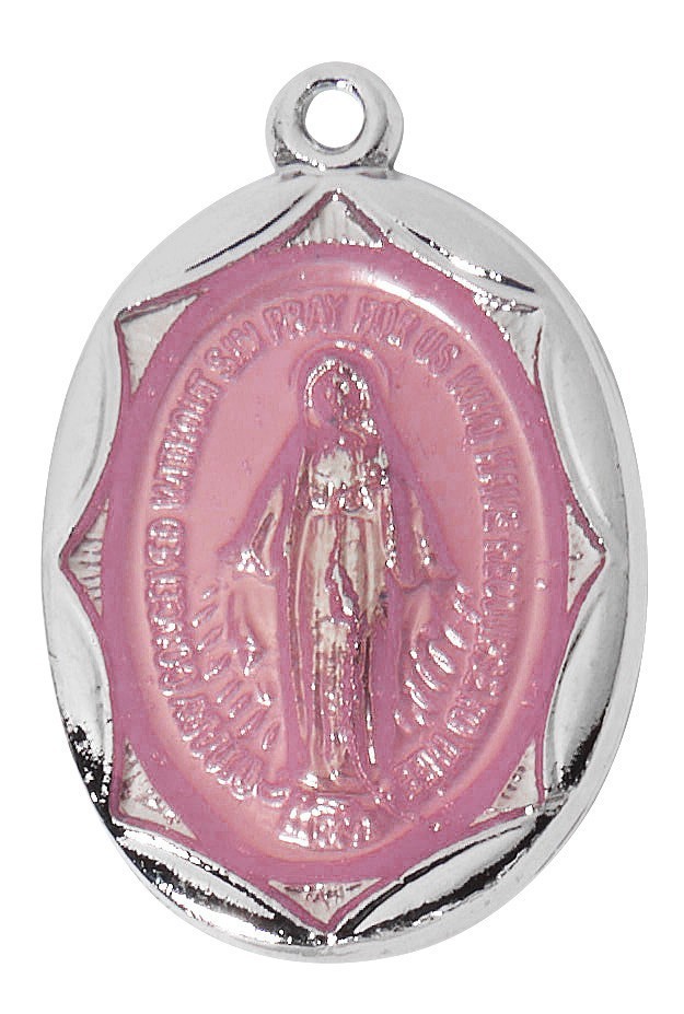 Sterling Silver Pink Miraculous Epoxy Medal Pendant With 16-18″ Adjustable Chain