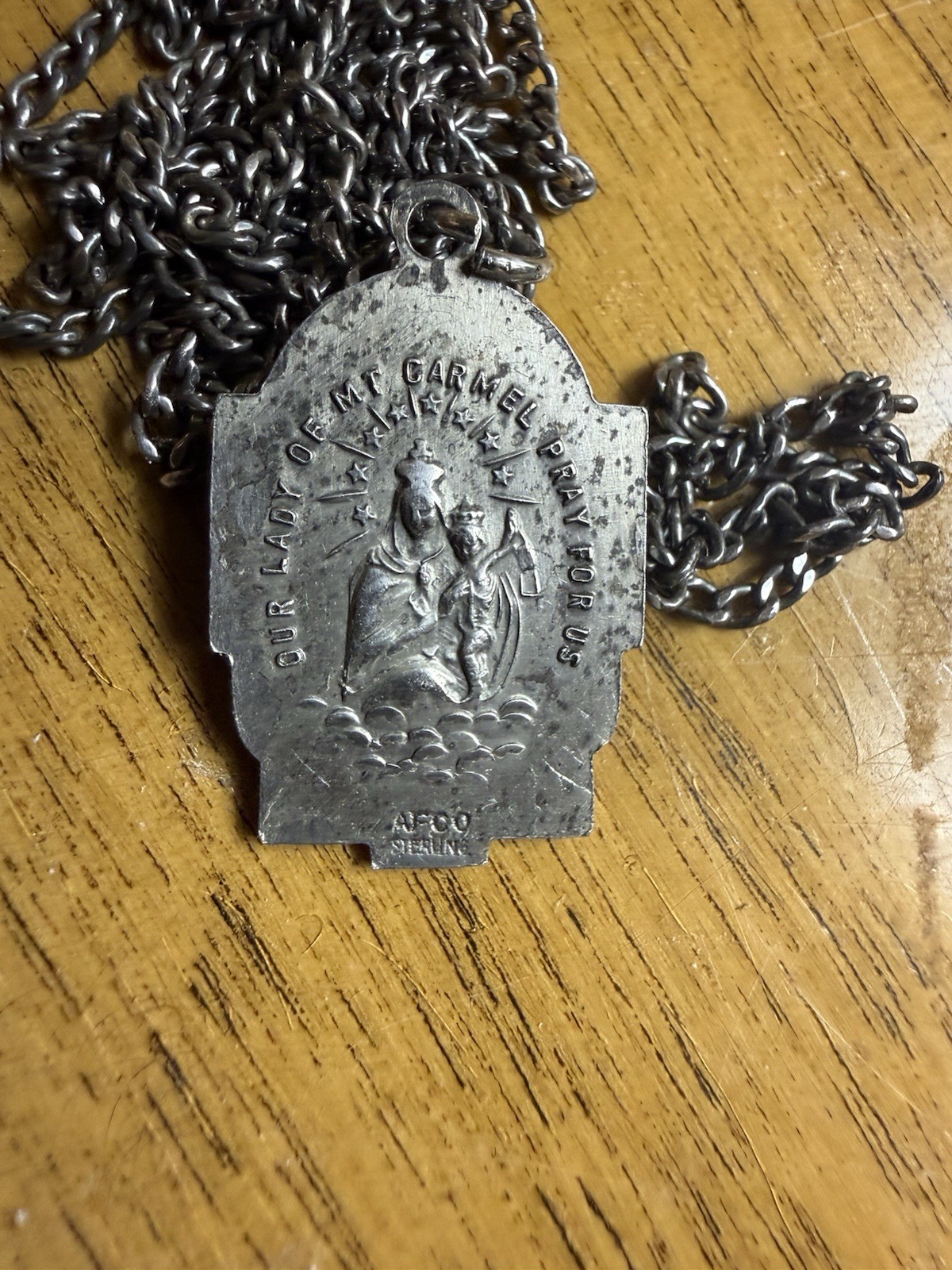 Vintage AFCO Sterling Silver 28” Necklace Sacred Heart of Jesus medal pendant