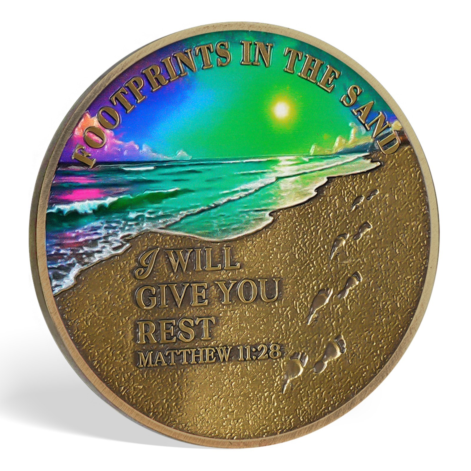 5pcs Inspirational Christian Coin Footprint In The Sand Matthew 11:28 Verse Coin