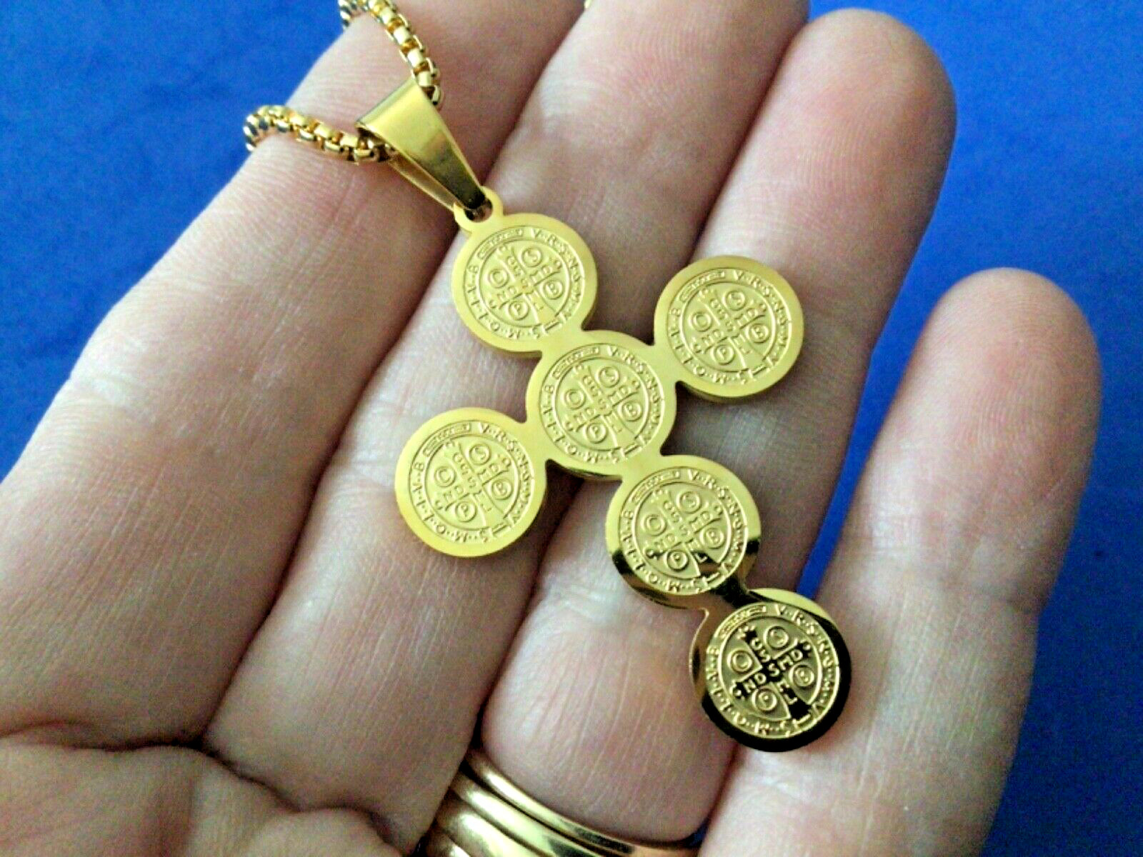 St Benedict Stainless Steel Cross Gold Plated 23” Stainless Chain Stunning Saint
