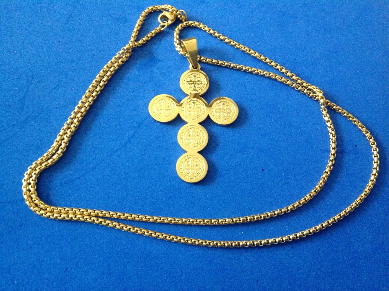 St Benedict Stainless Steel Cross Gold Plated 23” Stainless Chain Stunning Saint