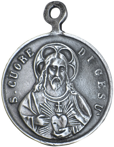 SACRED HEARTS OF JESUS AND MARY Medal, silver cast from 19th c. Italian original