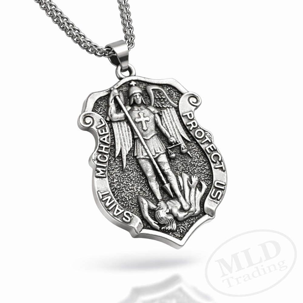 Saint St Michael Medal Shield Pendant Necklace – Zinc Alloy, 22″ Wheat Chain