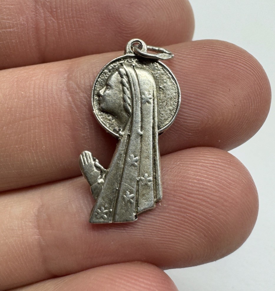 Vintage Sterling Silver Praying Woman Pendant Religious Medal 925 Jewelry Gift