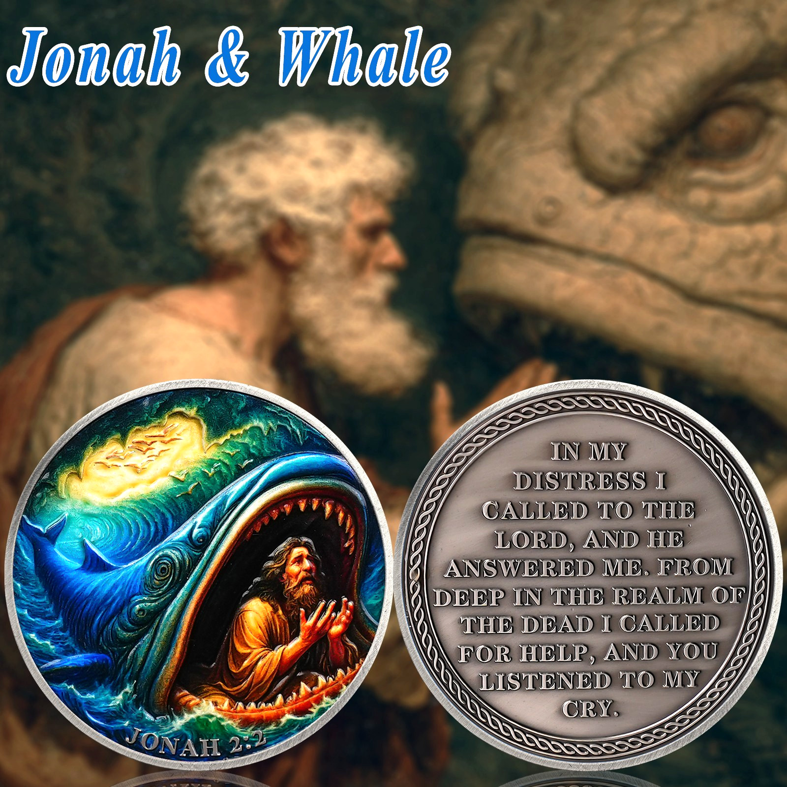 5pcs Jonah & Whale Challenge Coin Jonah 2:2 Verse Christian Religious Faith Gift