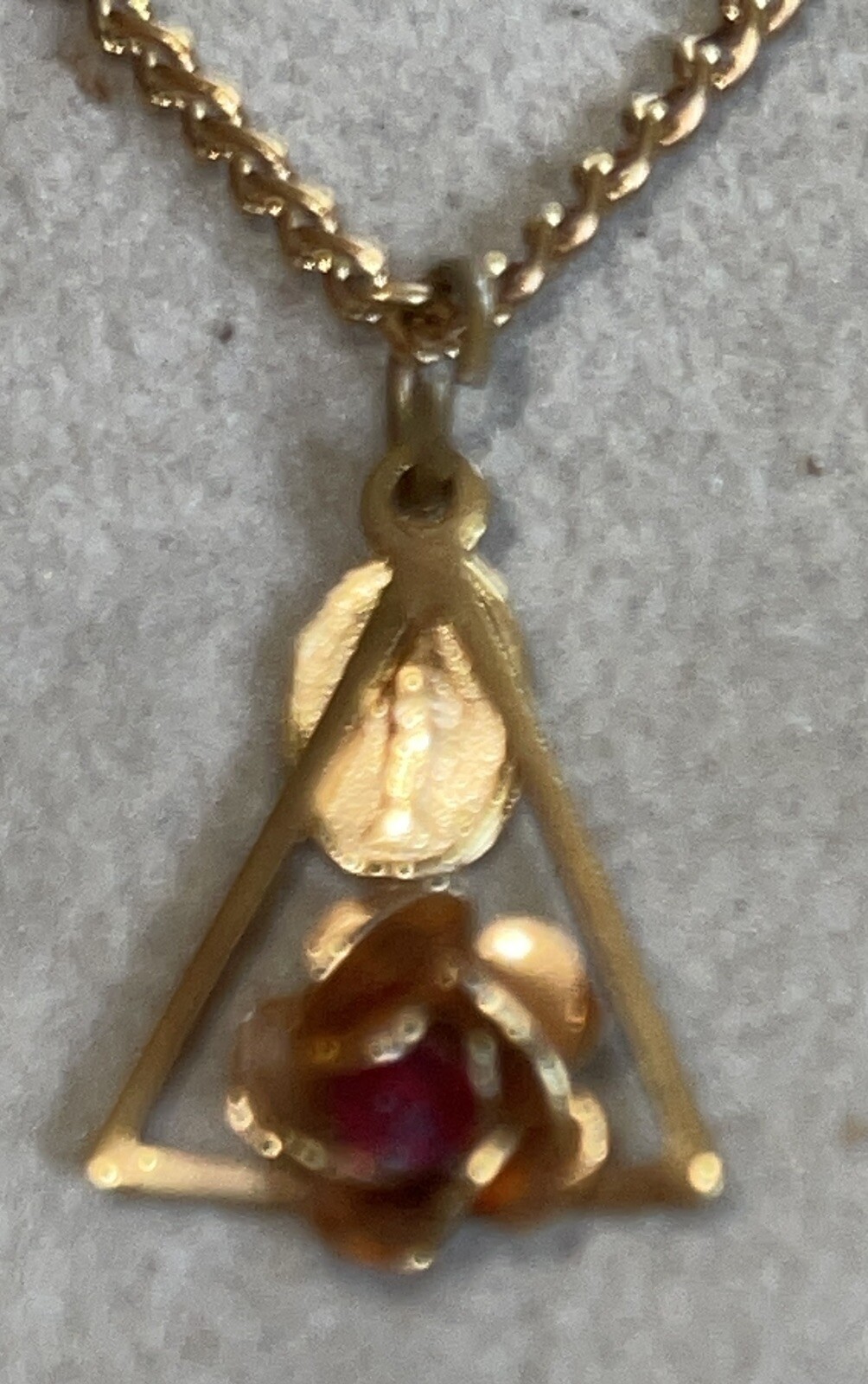Religious Miraculous Pendant on Chain Red Stone in Rose and Triangle 20″ Long