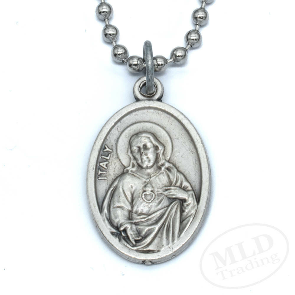 Sacred Heart Of Jesus Have Mercy On Us Medal Pendant Necklace Italy w Ball Chain
