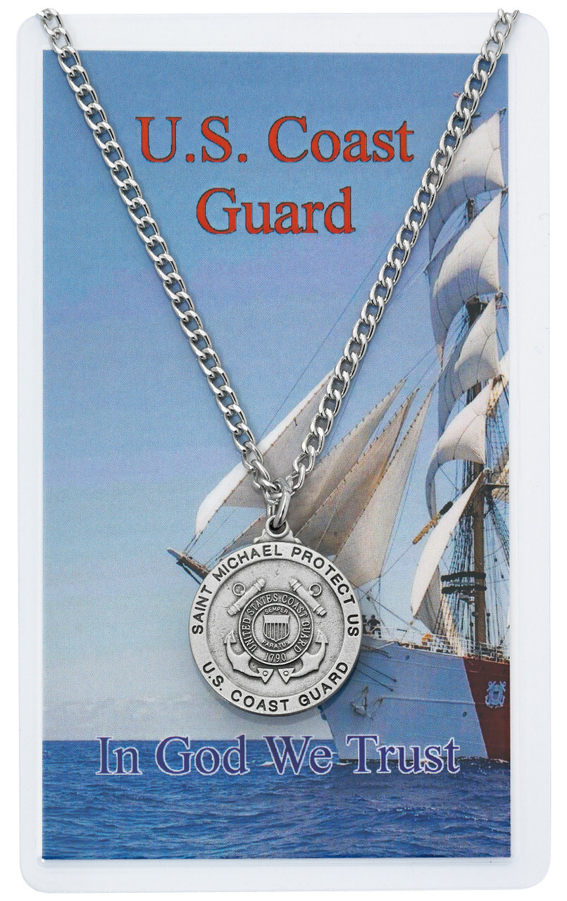 Coastguard Prayer Card Set with Saint Micheal 24 Inch Medal Silvertone Chain
