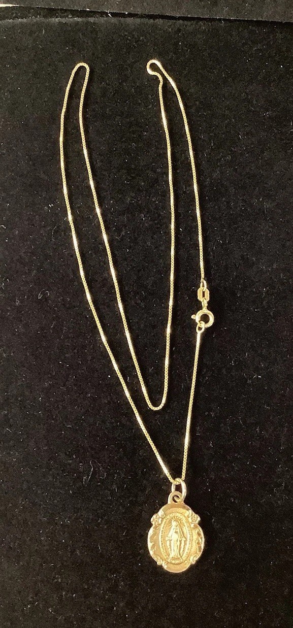Vintage Sterling Silver & Gold Virgin Mary Religious Medal Pendant &Necklace 18”