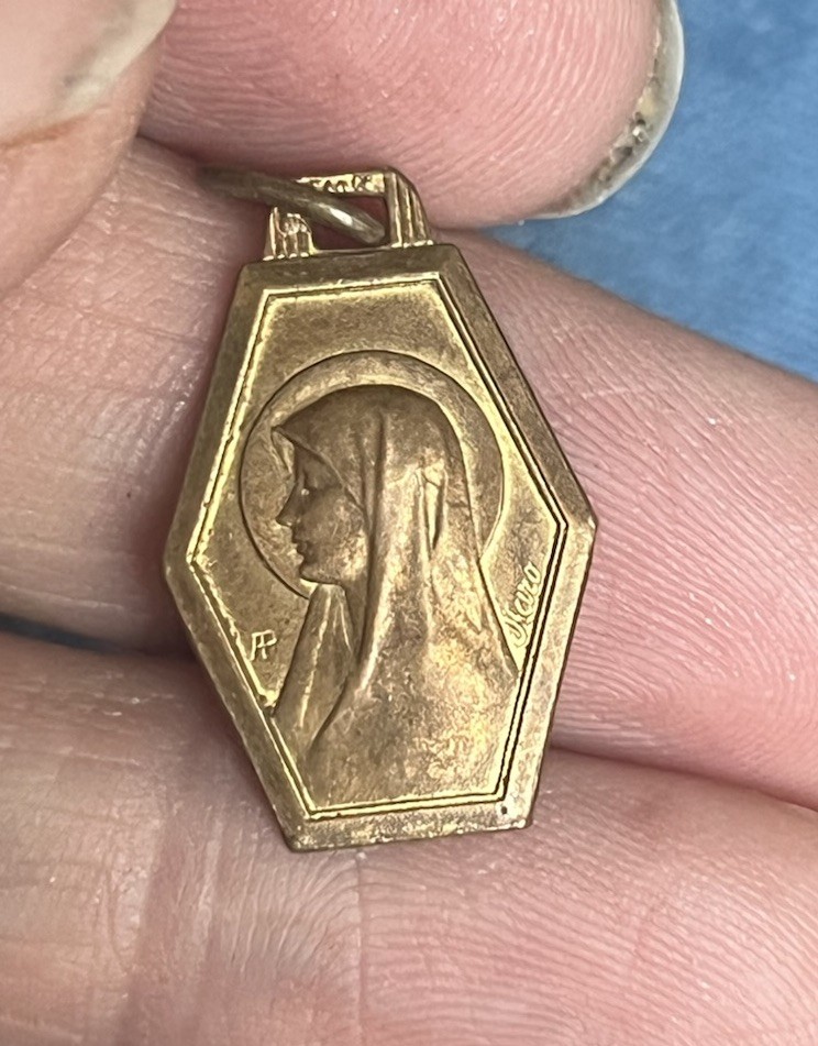 Antique French medal Virgin Mary Brass Gold 1” Pendant Antique Art Deco Charm