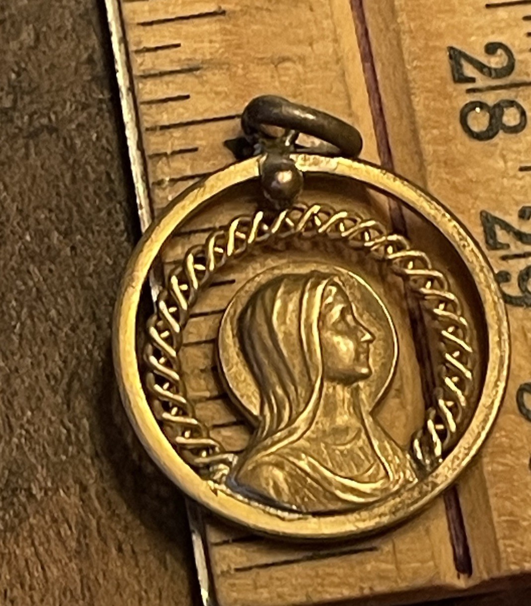French medal Virgin Mary Retro Pendant 1” Antique Lourdes Brass Gold Unique