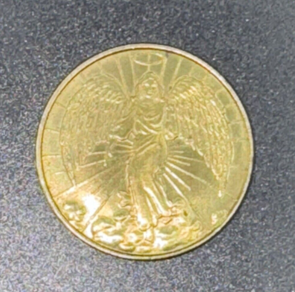 Vintage Gold Toned French Guardian Angel Medal Double Sided Religious Coin