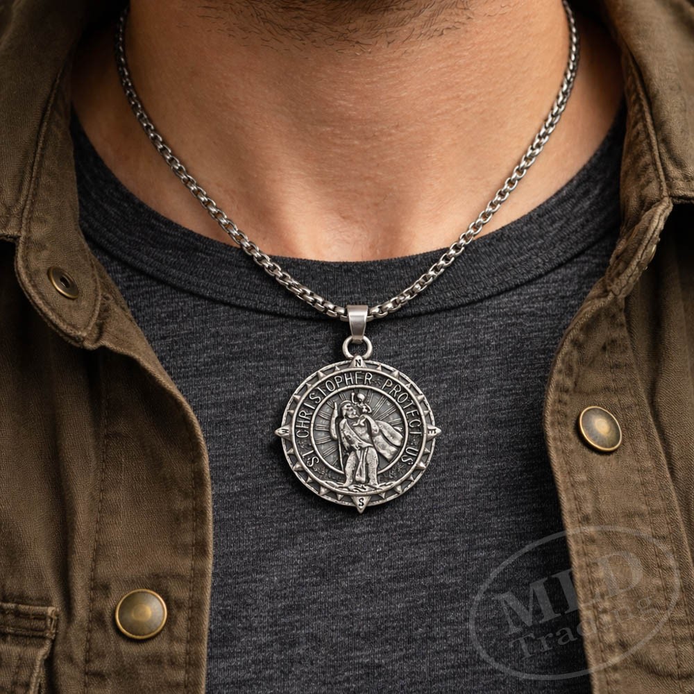 Saint St Christopher Medal Necklace – Detailed Compass Style Pendant 24” Chain
