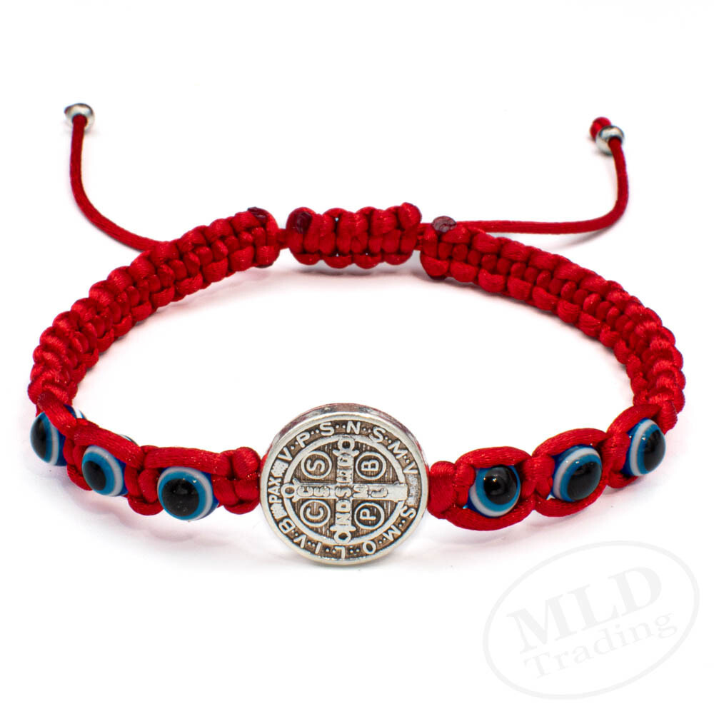 Silver Saint St Benedict Medal Red Bracelet w Blue Evil Eye Protection Beads