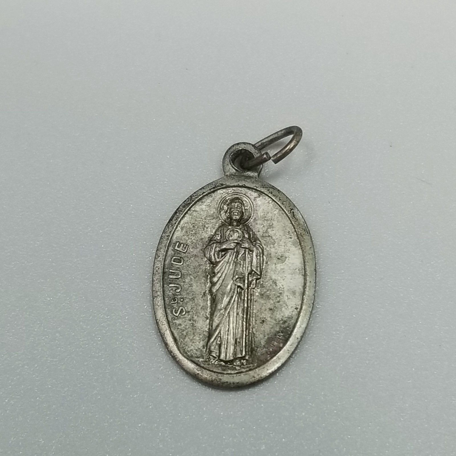 Vintage Saint St Jude Pray for Us Medal Pendant Charm Oval Silver Tone Italy