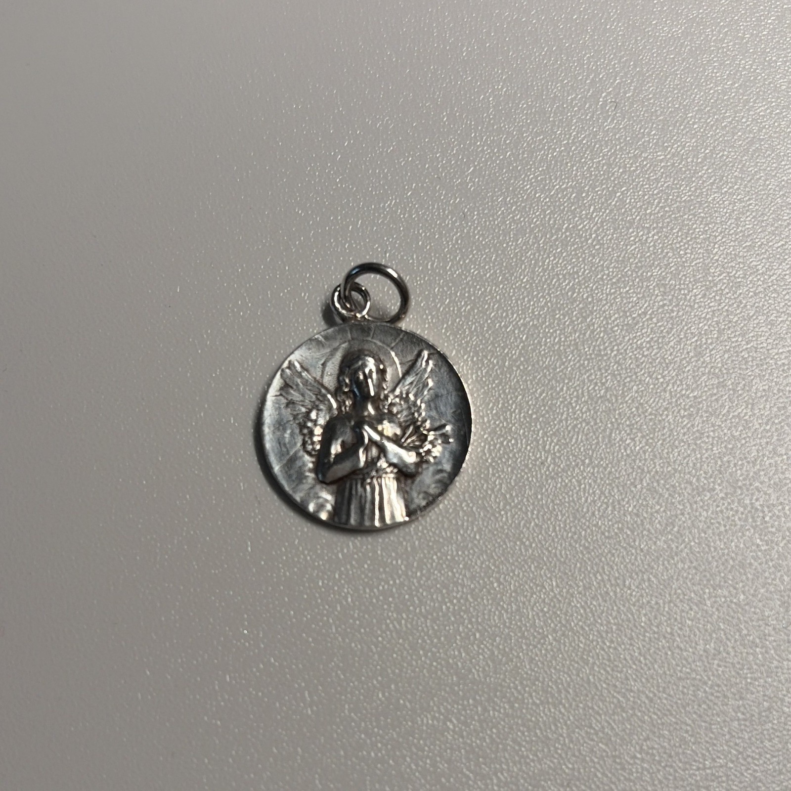Round Christian Angel Medal Pendant Charm with Bail, 925 silver