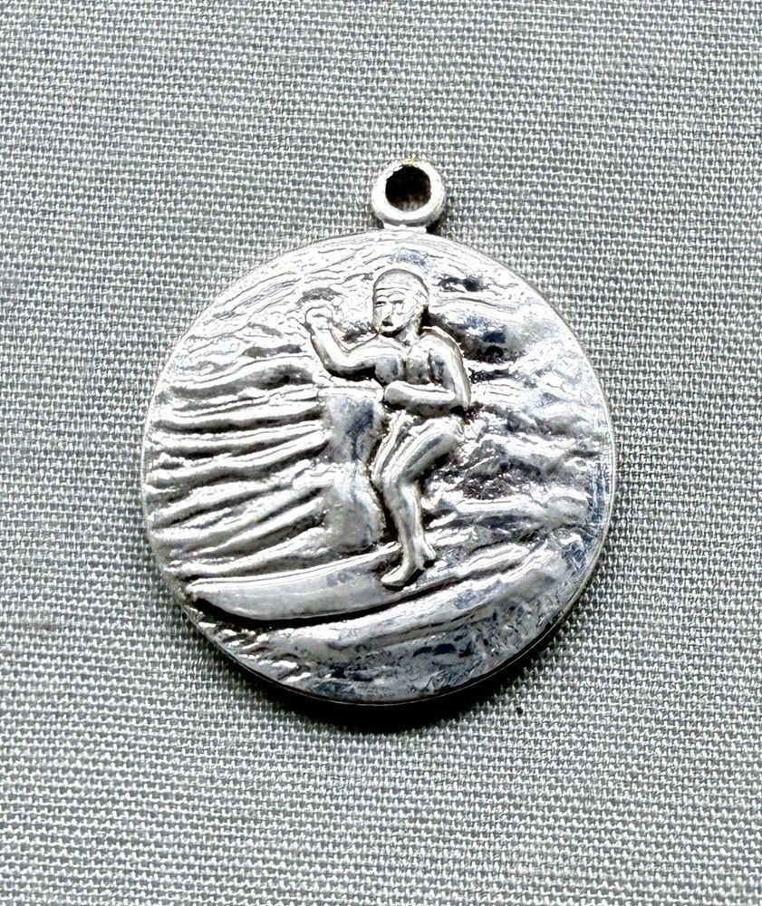 Vintage St Christopher Surfer Medal Pendant Pink Enamel Surf Silvertone 3/4″