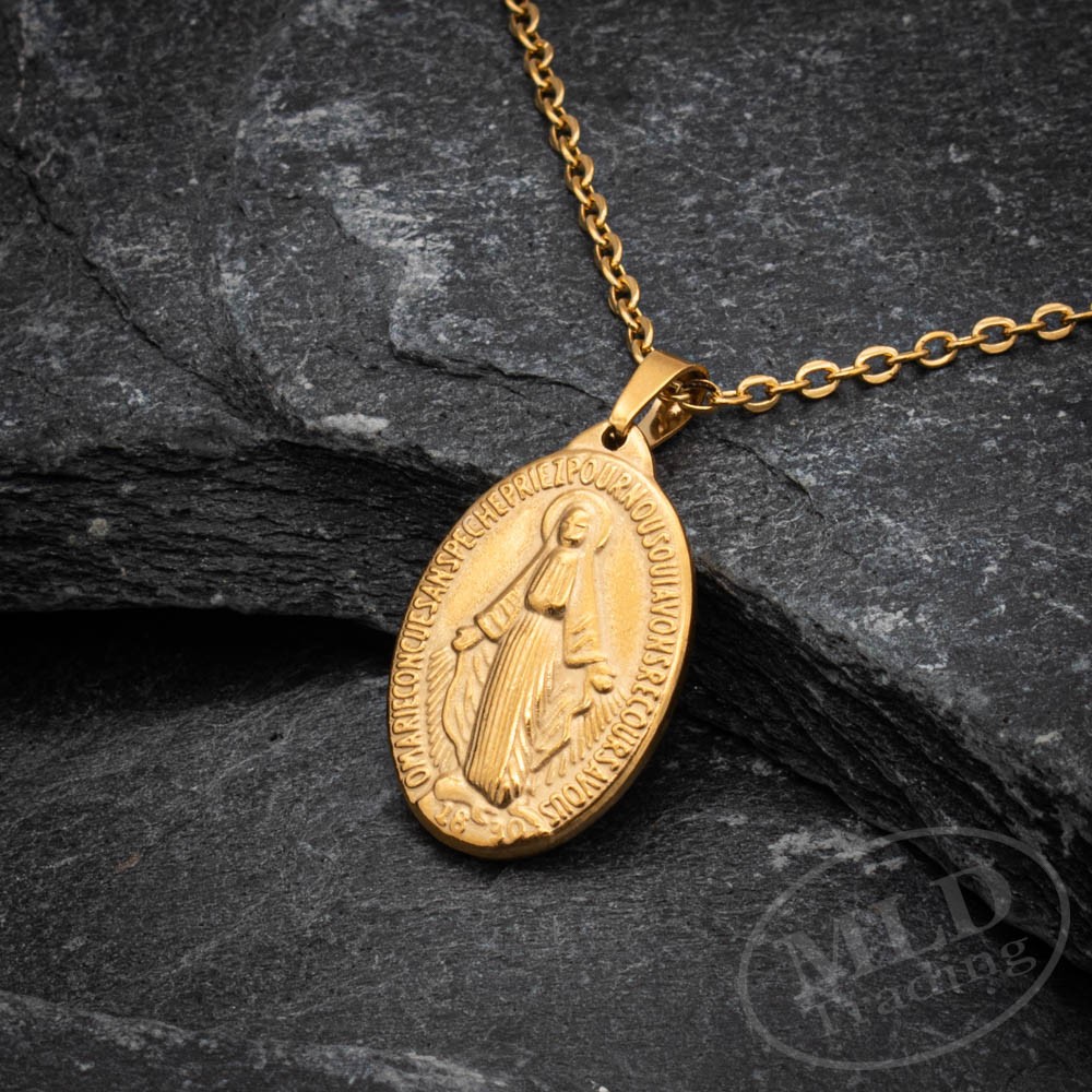 Gold Miraculous Medal Necklace – Stainless Steel Catholic Pendant 18″+2″ Chain