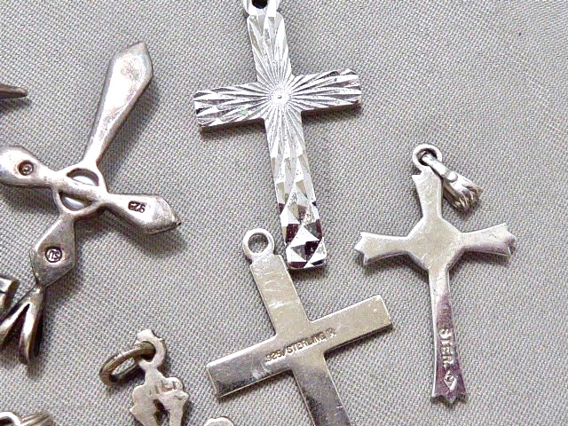 (10) VINTAGE STERLING SILVER RELIGIOUS CROSS PENDANTS OR CHARMS STAMPED STERLING
